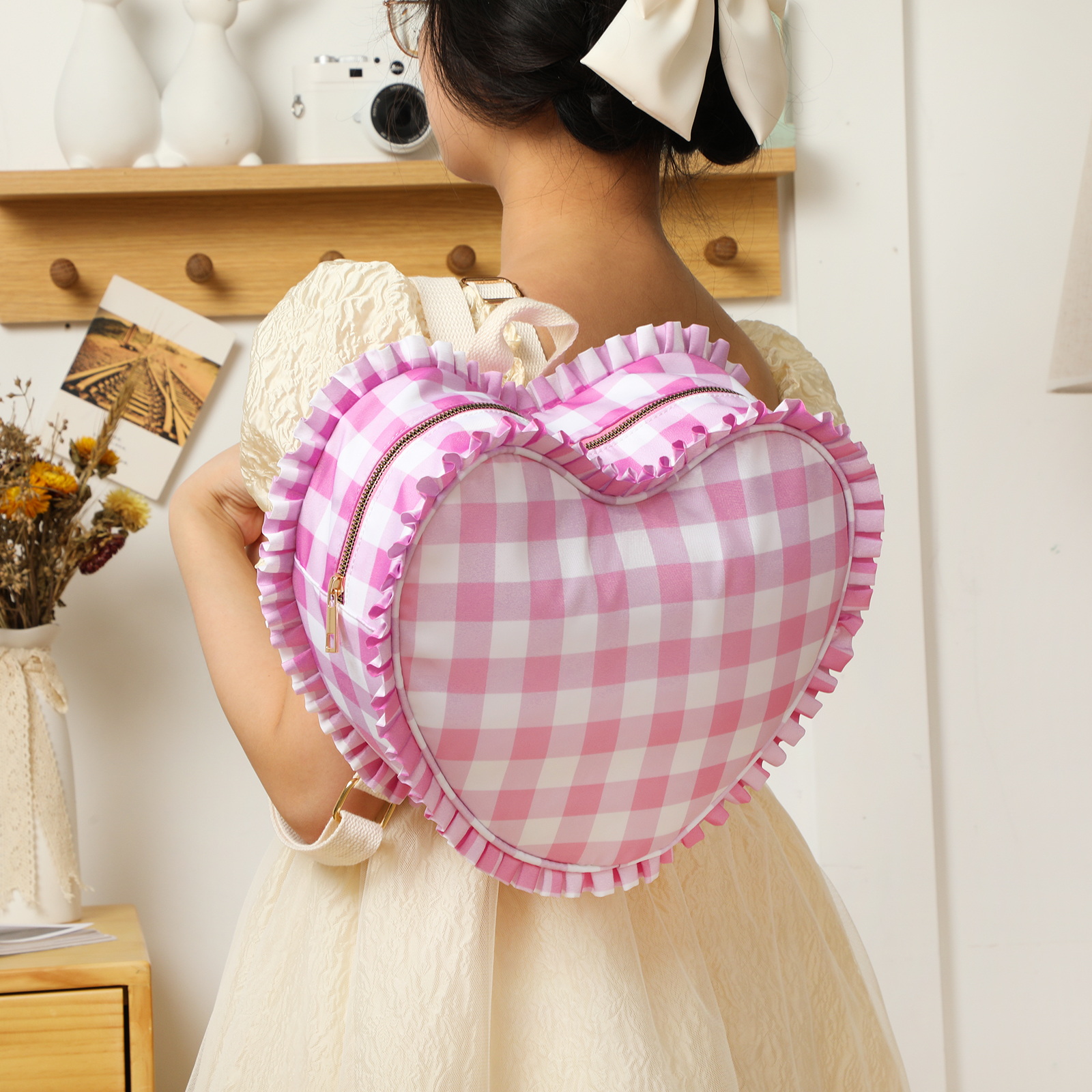 Women Bags Offers - Ruffle Heart Shape Backpack Fashion Stripe