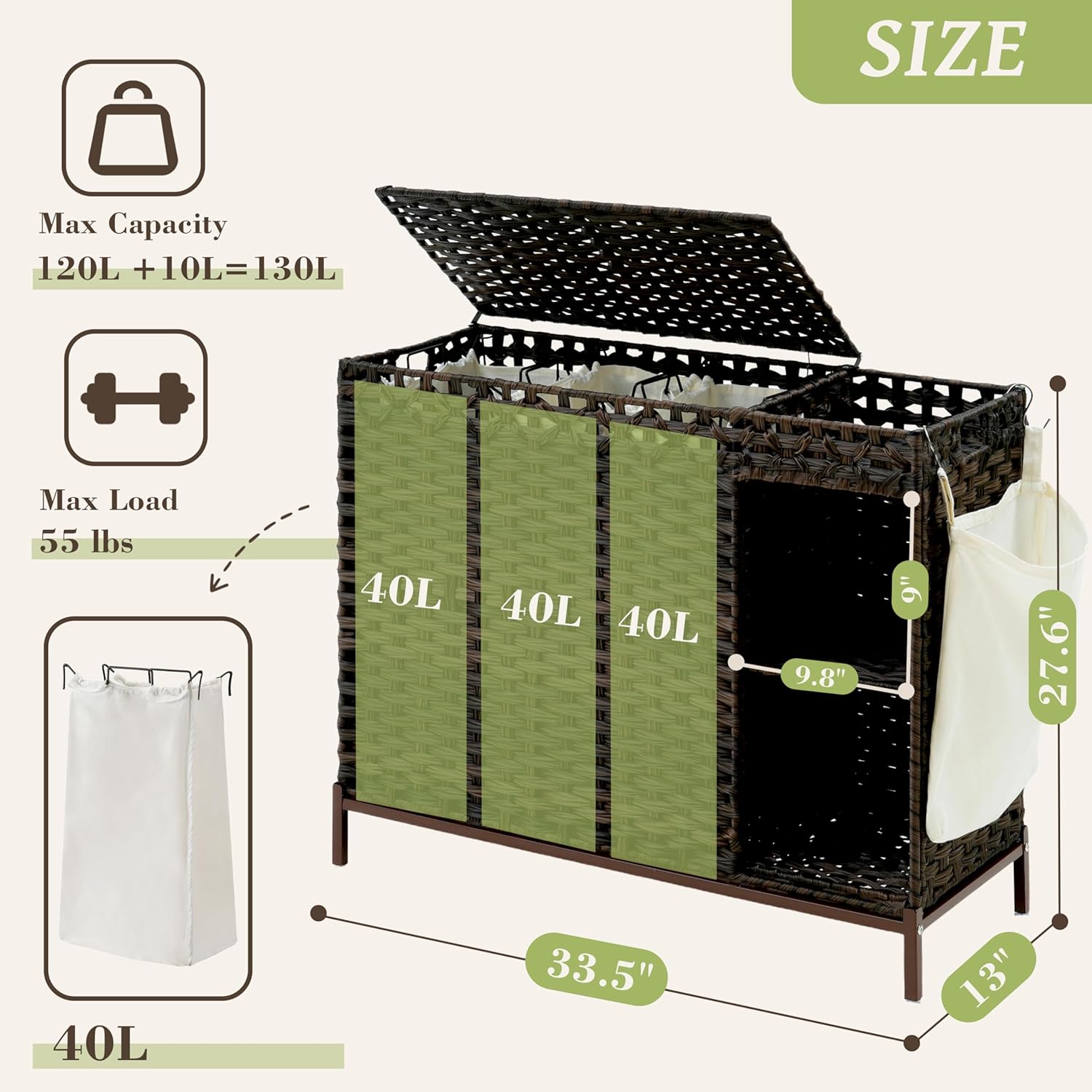 130L 3 Section Laundry Hamper  - Basket Bag Wicker 评论和价格