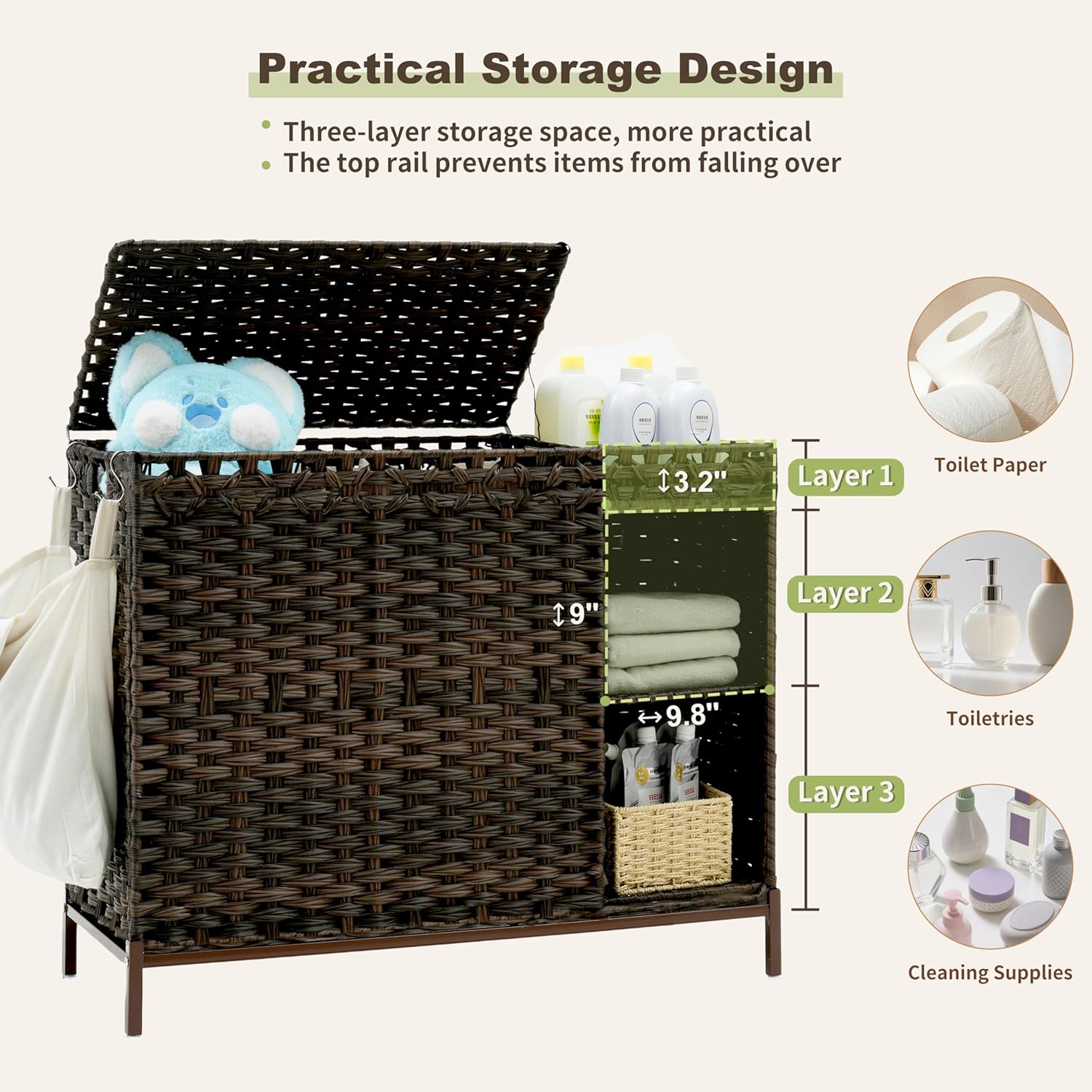 130L 3 Section Laundry Hamper  - Basket Bag Wicker 评论和价格