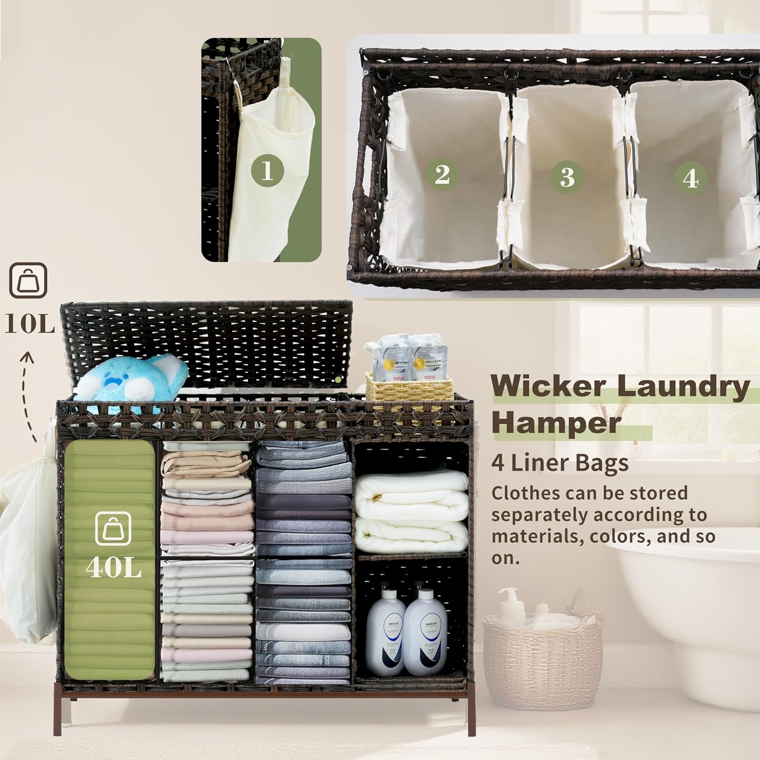 130L 3 Section Laundry Hamper  - Basket Bag Wicker 评论和价格