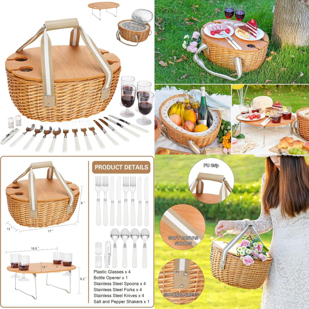 stboo picnic basket for 4, ins - Basket Bag Wicker 评论和价格