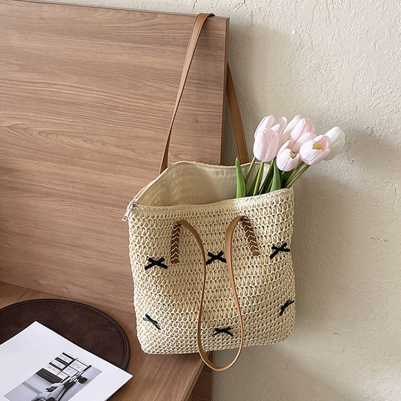 Black Bowknot Summer Beach Lar - Women'S Raffia Bags 评论和价格